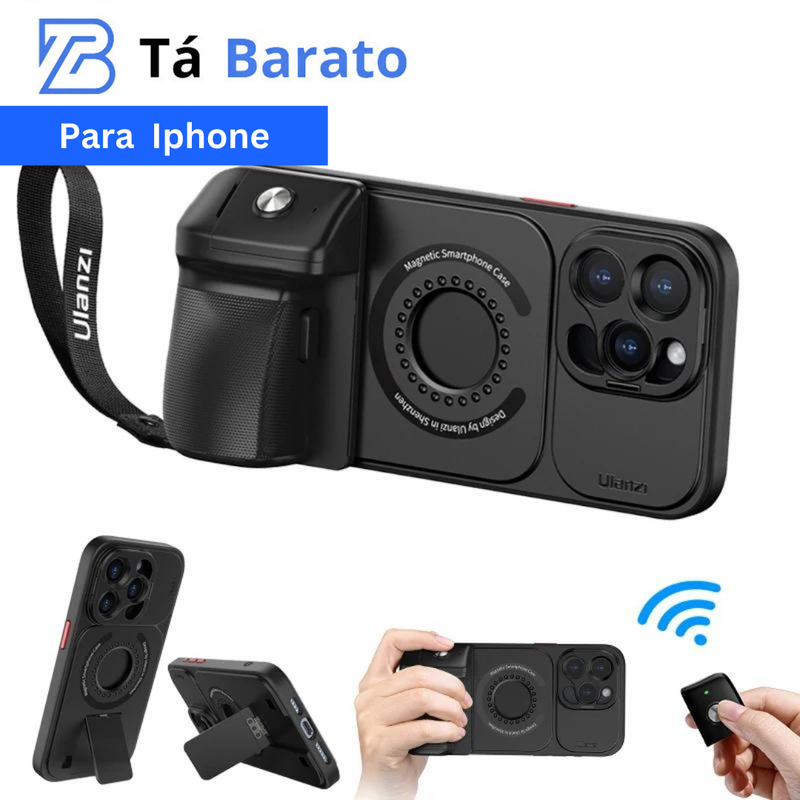 Case com GRIP para Fotografia - iPhone 15 PRO MAX e 15 PRO, Estabilizador de foto, Suporte com Botão acionador de foto