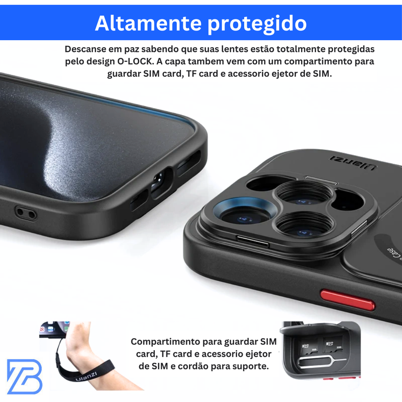 Case com GRIP para Fotografia - iPhone 15 PRO MAX e 15 PRO, Estabilizador de foto, Suporte com Botão acionador de foto