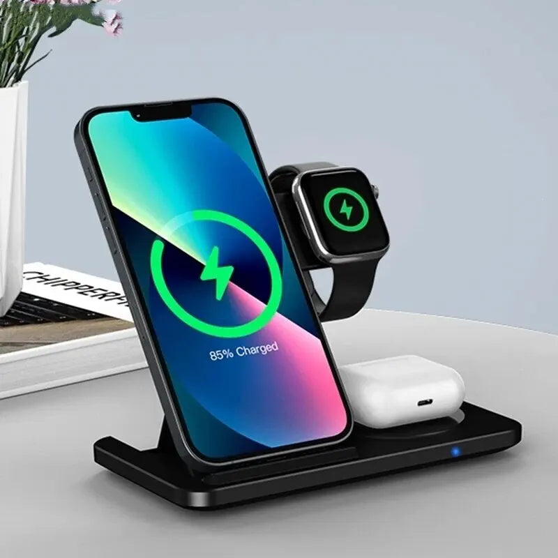 Carregador sem fio Stand Pad para iPhone, dobrável Estação de Carregamento Rápido Dock, iWatch 8, 7, SE, AirPods Pro, 15, 14, 13, 12, X Max, 3 em 1